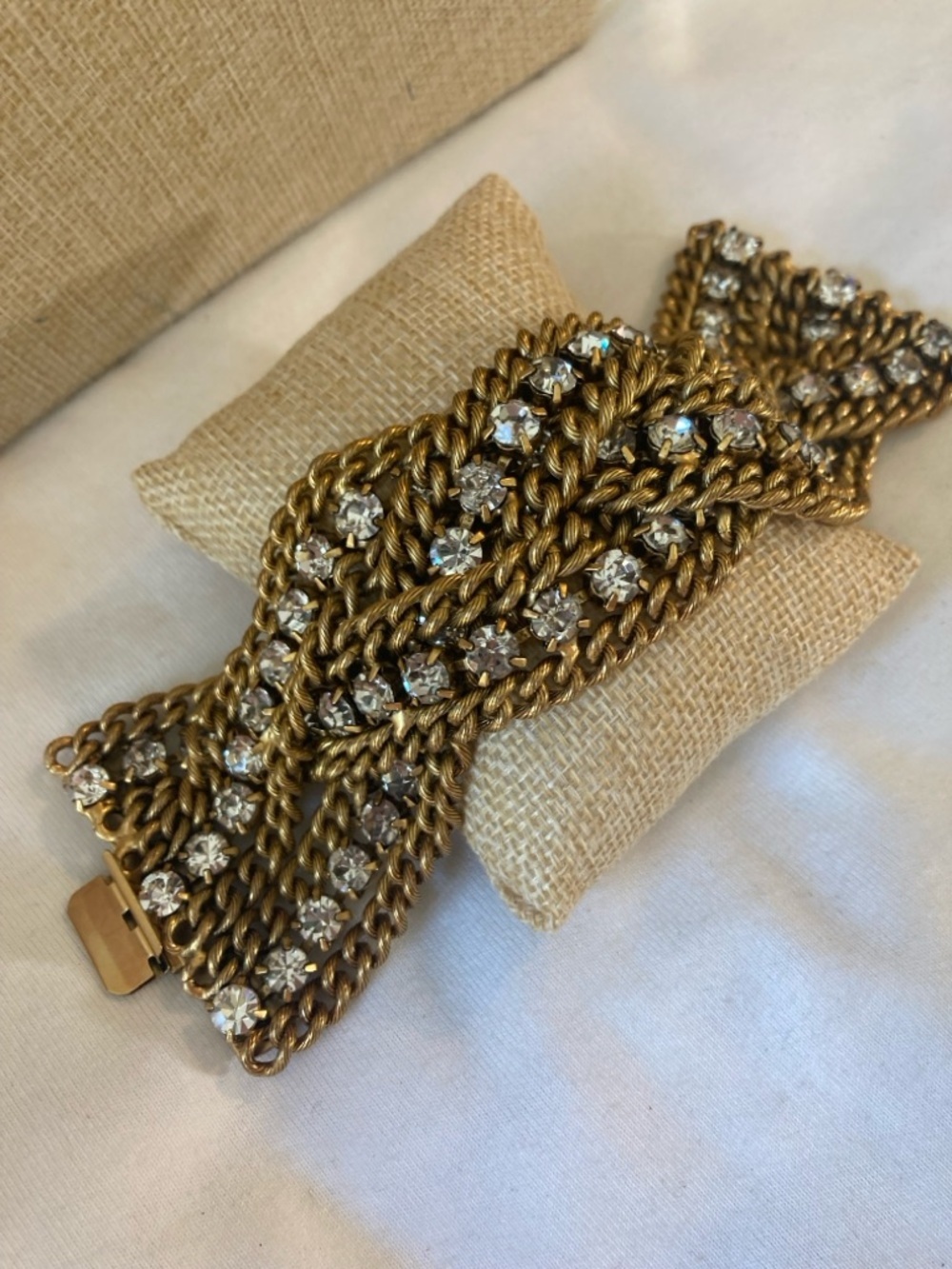 Rebecca Cole Chunky Braided Wide Metal Bracelet with Clear Stones